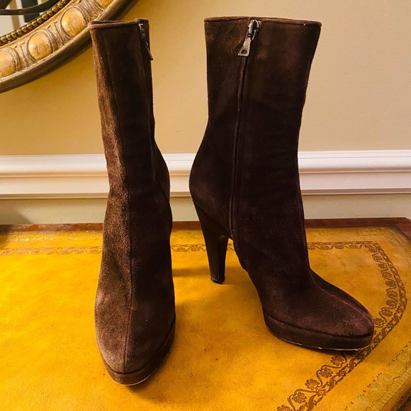 Prada Chocolate Brown Suede Platform Heeled Mid Calf Boots - Picture 4 of 12